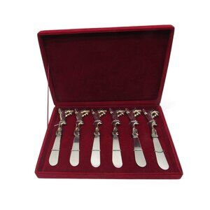 REINDEER Silver-Plated Butter Knives Cheese Spreaders in Red Velvet Case Vintage